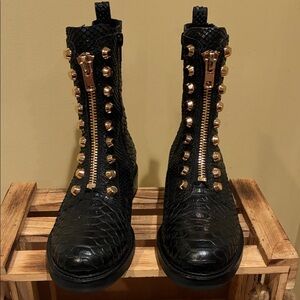 Jeffrey Campbell Tonette Black and Gold Studded Snakeskin Embossed Boots
